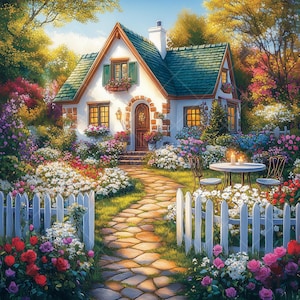 Gezellig vakantiehuis clipart, 10 charmante cottage-illustraties met bloementuinen, jpg's met hoge resolutie, huis, vakantieverblijf, landhuis