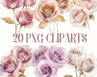 Watercolor Rose Clipart: Gold Glitter Floral PNG Images (Digital Download)