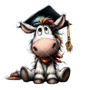 May include: A whimsical illustration of a seated donkey wearing a black graduation cap with a gold tassel. The donkey has a white body, a pink nose, and a colorful mane and tail. It wears a red scarf and has a thoughtful expression.