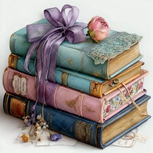 May include: A pile of vintage-style books in blue, pink, and purple, bound with a lavender ribbon. A pink flower and lace decorate the top book. The books have gold edges and ornate detailing.