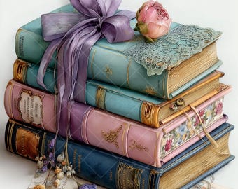 Watercolor Book Stack Clipart: Pastel Ribbon Books (JPG Set)