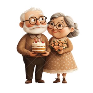 11 PNG Clipart di coppia di anziani carini, clipart di compleanno - Amore dei nonni, anniversario e illustrazioni di famiglia per progetti fai da te,