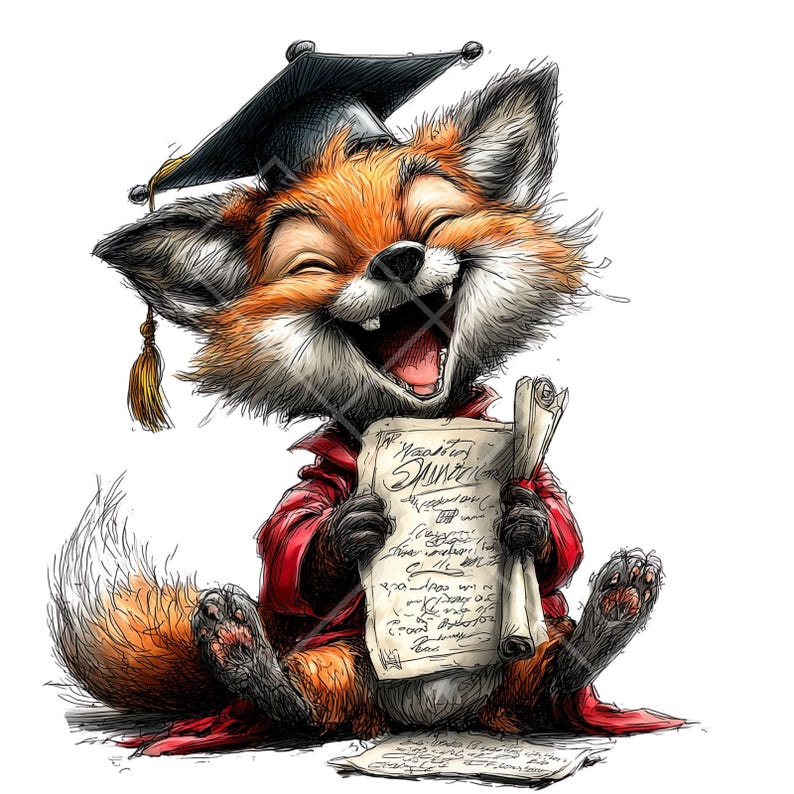 May include: A cartoon illustration of a smiling fox wearing a graduation cap and red academic robe, holding a scroll. The fox has orange and white fur, with a black cap and a gold tassel. The scroll has handwritten text.