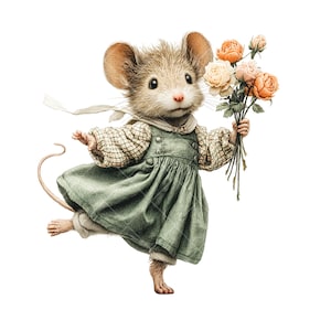 12 imágenes PNG de ratones vintage: un adorable ratón de acuarela con flores, estilo cottagecore, vestido floral y un paquete de animales primaverales en tonos pastel.