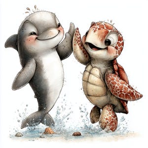 Peut inclure: Illustration mignonne d'un dauphin et d'une tortue de mer se faisant un high-five. Le dauphin est gris et blanc, la tortue est marron et beige. Ils sourient tous les deux, avec des éclaboussures d'eau autour d'eux.
