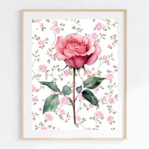 Pink Rose Wall Art Printable | Vintage Floral Poster Digital Download | Botanical Feminine Decor | Gift for Mom | Romantic Rose Print