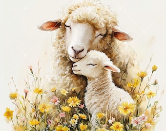Pacchetto di clipart di agnelli ad acquerello in formato JPG, set di illustrazioni di pecore carine, arte di animali da fattoria, download digitale di acquerelli pastello morbidi