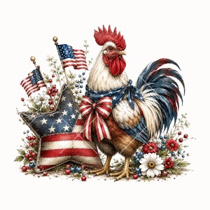 Pode incluir: Ilustra&ccedil;&atilde;o em aquarela de um galo com temas patri&oacute;ticos. O galo &eacute; adornado com um len&ccedil;o e um la&ccedil;o nas cores da bandeira americana. Uma almofada em forma de estrela e bandeiras americanas tamb&eacute;m est&atilde;o presentes, rodeadas por flores e bagas.