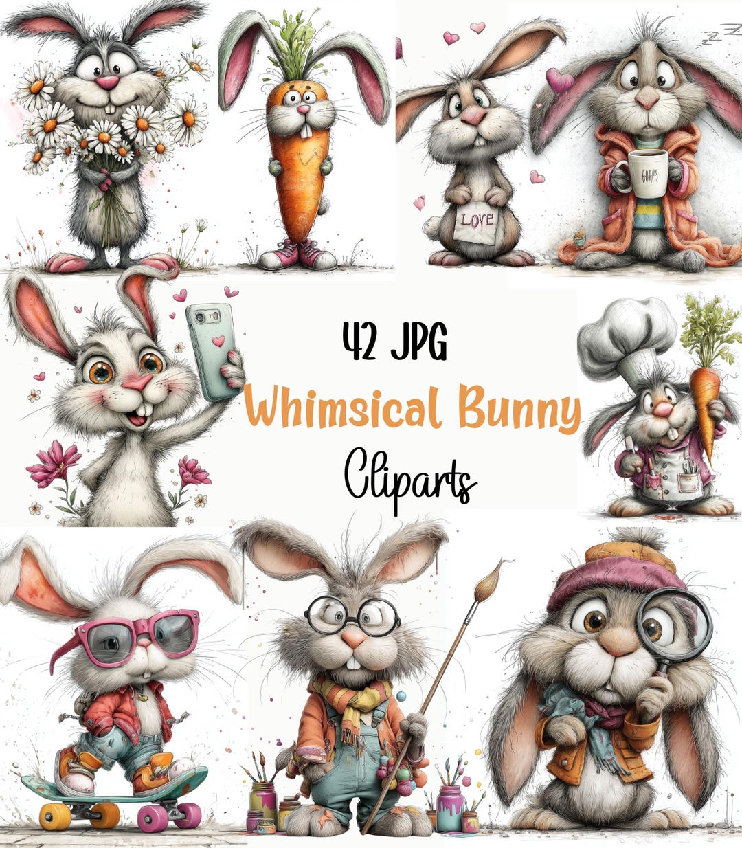 42 Whimsical Bunny Clipart JPG Bundle , Rabbit Digital Download for ...