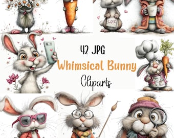 42 Whimsical Bunny Clipart JPG Bundle  , Rabbit Digital Download for Sublimation