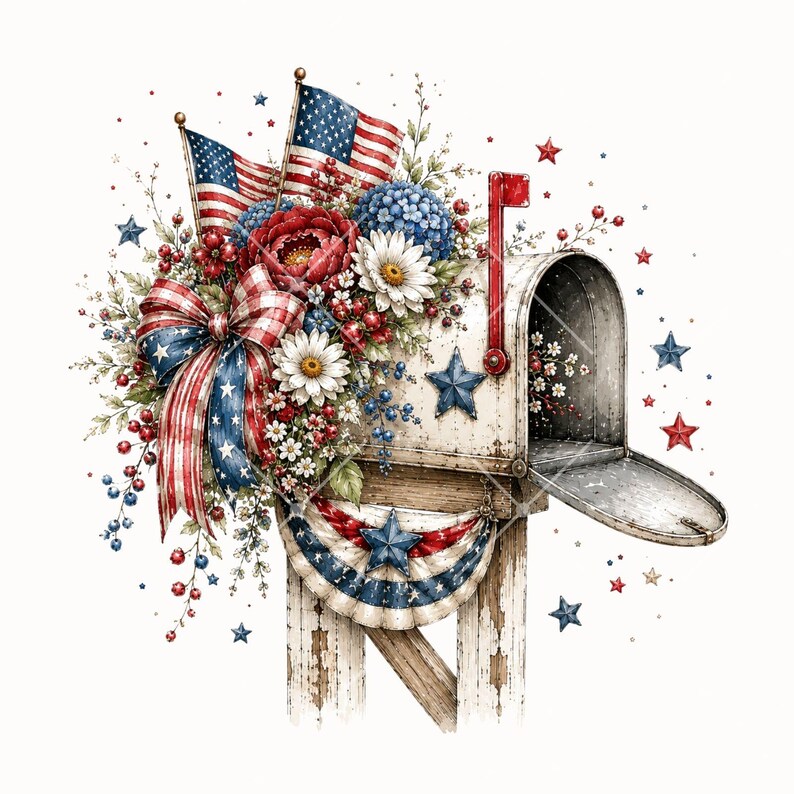 Pode incluir: Ilustra&ccedil;&atilde;o em aquarela de uma caixa de correio vintage decorada com elementos patri&oacute;ticos. Apresenta bandeiras americanas, um la&ccedil;o vermelho, branco e azul, flores e estrelas. A caixa de correio est&aacute; aberta e o poste est&aacute; desgastado.
