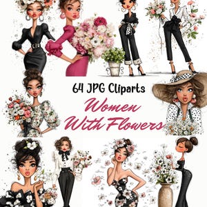 Puede incluir: Ilustraciones digitales de mujeres con diferentes atuendos, cada una con flores. La imagen incluye el texto "64 JPG Cliparts Women With Flowers". Las mujeres se representan en varias poses y estilos, con arreglos florales.