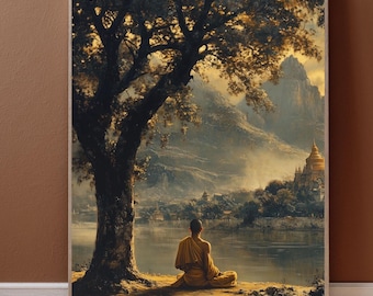 May include: A framed wall art print featuring a landscape painting of a person in yellow robes sitting under a large tree by a river. In the background, mountains rise behind a golden temple structure. The text Mockup & Design Created with AI appears.