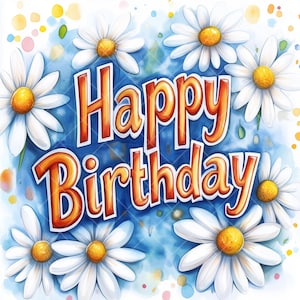 Clipart de Feliz Aniversário em Aquarela com Elementos Florais, Ilustração de Letras Coloridas de Aniversário, 12 Arquivos JPG para Cartões e Sublimação