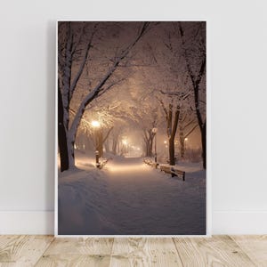 Peut inclure: Un chemin enneigé bordé d'arbres et de bancs dans un parc la nuit. Les arbres sont recouverts de neige et le chemin est éclairé par des lampadaires.