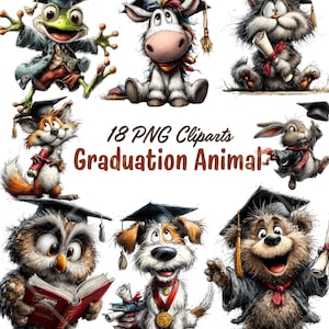 May include: A collection of 9 cartoon graduation animal clip art images. The animals include a frog, donkey, cat, fox, rabbit, owl, dog, and bear, all wearing graduation caps and gowns. The text "18 PNG Cliparts Graduation Animal" is in the center.