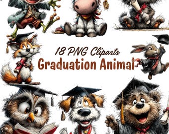 Graduation Animal Clipart Set, 18 PNG Cute Graduation Animals, Whimsical School Graduation Clipart, Kids Graduation Art