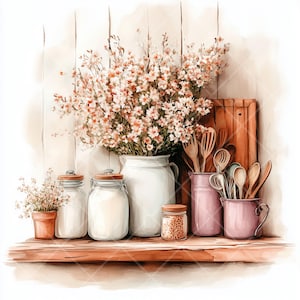 Clipart de cocina rústica en acuarela: utensilios vintage y decoración floral (descarga digital JPG)
