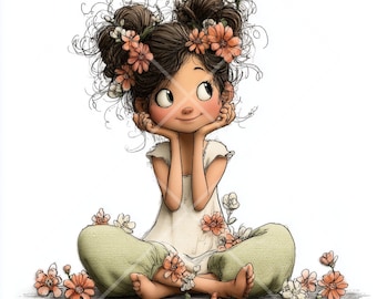 35 nyckfulla blomsterflickor Clipart JPG | Söt blommig barnillustration | Vårkonst för barnkammaren | Grafik i sagoboksstil