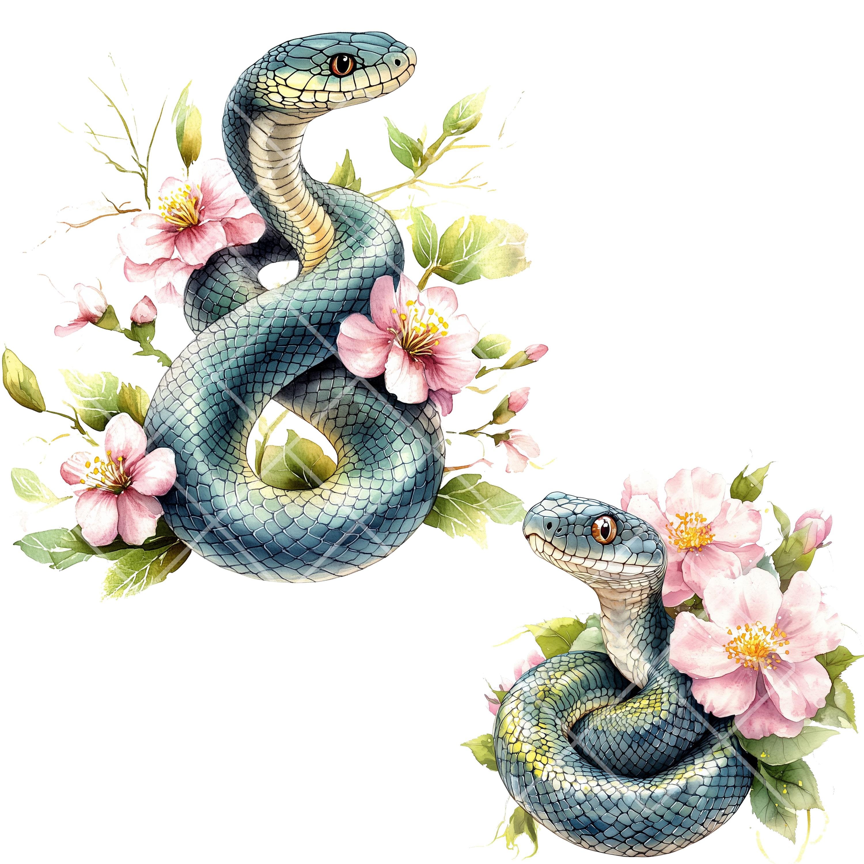 15 PNG クリップアート – 花の要素を持つ水彩画のヘビ、デザイン用の