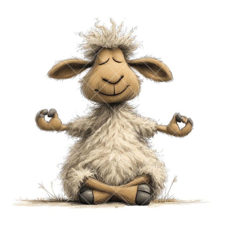 May include: A cartoon sheep in a yoga pose, with closed eyes and a serene expression. The sheep has light brown fur and is sitting cross-legged with its arms in a mudra. The image is set against a white background, with a hint of grass.