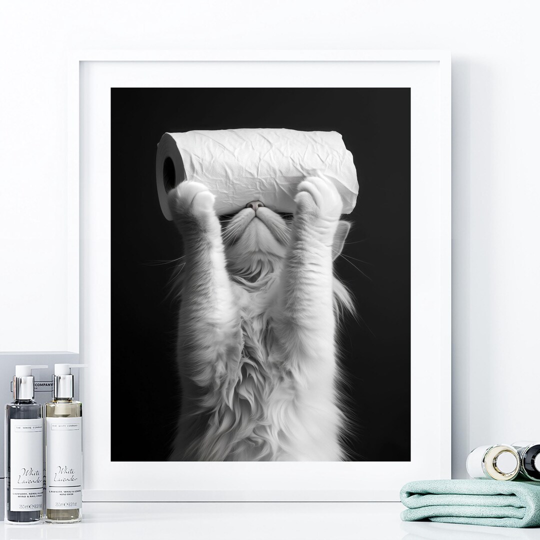 Funny Cat Toilet Paper Bathroom Poster: Quirky Restroom Art (digital ...