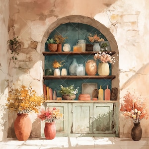 Op de afbeelding: Waterverfschilderij van een rustiek interieur met een ingebouwde kast en planken. De planken tonen vazen, potten en planten in potten. Twee grote terracotta vazen met gele en roze bloemen flankeren de kast. De kast is lichtblauw geschilderd.