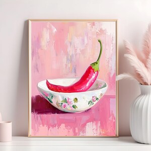 Pepper Poster, Vibrant Red Chili Oil Painting Print on Pink Background - Digital Art,Pepper Poster, Modern Kitchen Art, Kitchen Decor -