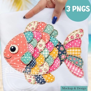Patchwork Fish PNG Bundle, Quilted Fabric Fish Clipart, Coastal Sublimation Design, Pastel Sea Life Digital Download