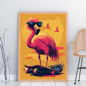 Impresión de flamenco en patineta: divertido póster de pájaro rosa para patinadores, arte mural de animales, regalo imprimible digital para amantes del skate y habitaciones de adolescentes.