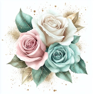 12 JPG Aquarell Rosen Cliparts mit Gold-Glitter-Akzenten | Elegante Blumenbilder für die Hochzeit, Scrapbooking und digitales Design