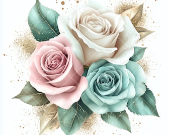 Watercolor Rose Clipart: Gold Glitter Floral Images (JPG Digital Download)