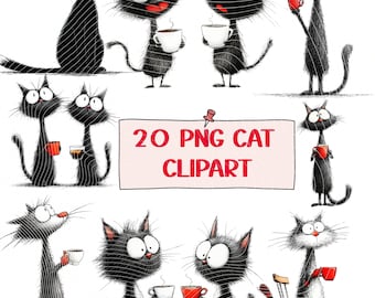 黒猫のクリップアートセット | 20種類のPNGおもしろイラスト | 大きな目の猫のグラフィック | コーヒー猫アート | 漫画動物バンドル | デジタルダウンロード