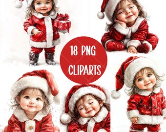 May include: A collection of watercolor clip art images featuring babies dressed in Santa Claus outfits. Each baby is wearing a red suit with white trim and a matching Santa hat. The images are labeled with the text "18 PNG CLIPARTS".