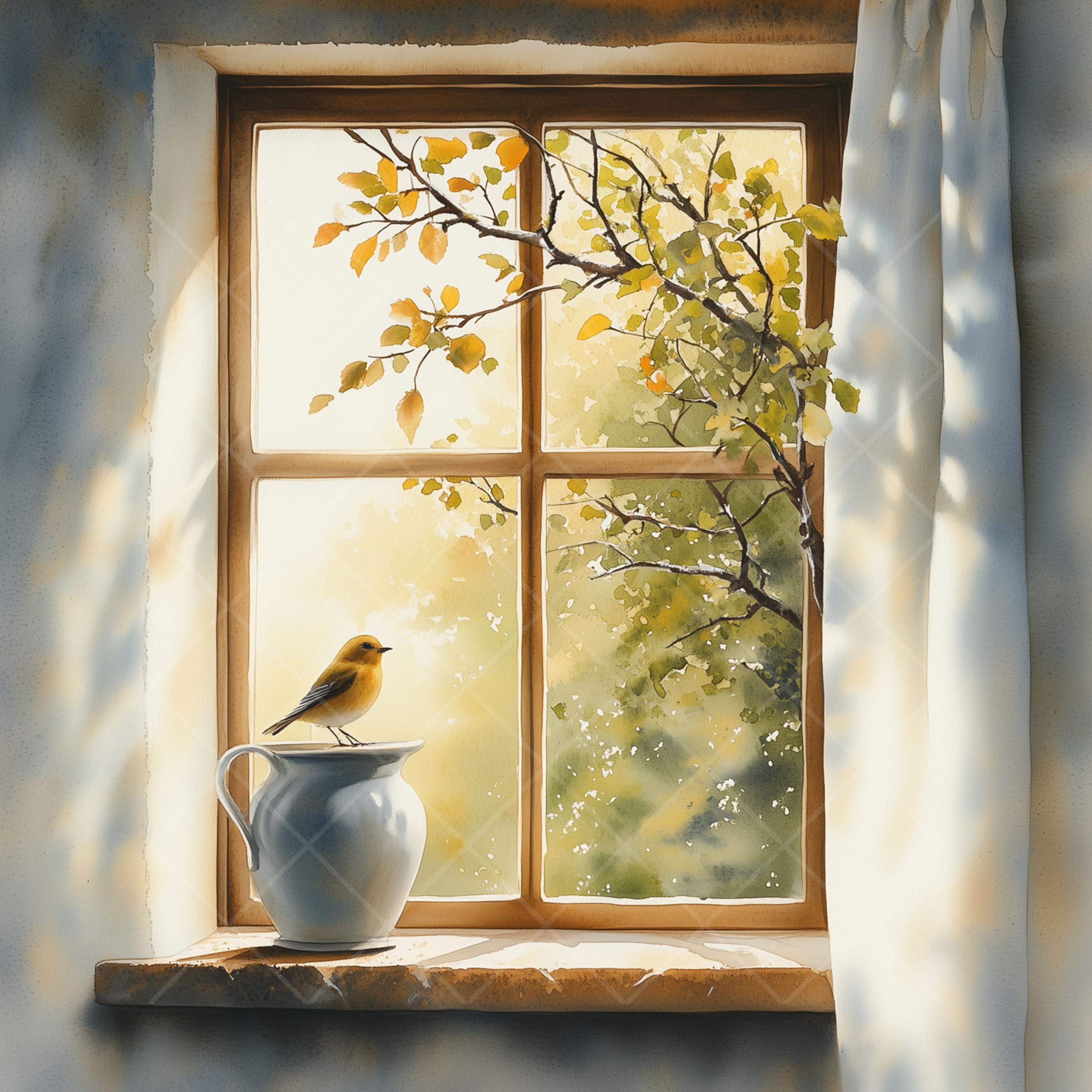 鳥の水彩画窓クリップアート：風光明媚な風景（JPG デジタル
