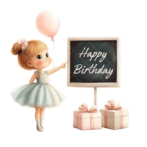 10 PNG Ballerina “Happy Birthday” Cliparts – Elegant dance-themed illustrations for invitations, decorations, and digital designs