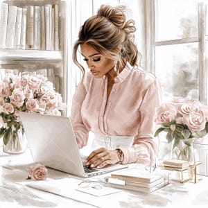Bureau élégant femme noire Clipart - 10 illustrations JPG aquarelle dans des tons pastel, femme travaillant sur un ordinateur portable dans un espace de travail confortable, fille de l'agenda