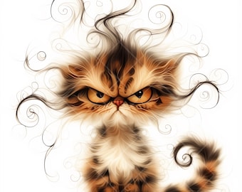 May include: A cartoon illustration of a brown and white cat with a grumpy expression. The cat has a wild, curly mane of fur and a curled tail.