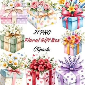 May include: A collection of watercolor gift boxes, each adorned with floral arrangements and tied with ribbons. The boxes feature various patterns, including polka dots and hearts, and the text "21 PNG Floral Gift Box Cliparts".