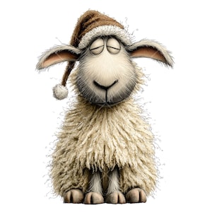 May include: A charming cartoon sheep wearing a brown nightcap with a white bobble. The sheep has closed eyes and a gentle smile, with fluffy, cream-coloured wool. The illustration has a soft, textured appearance, suitable for children's products or nursery decor.