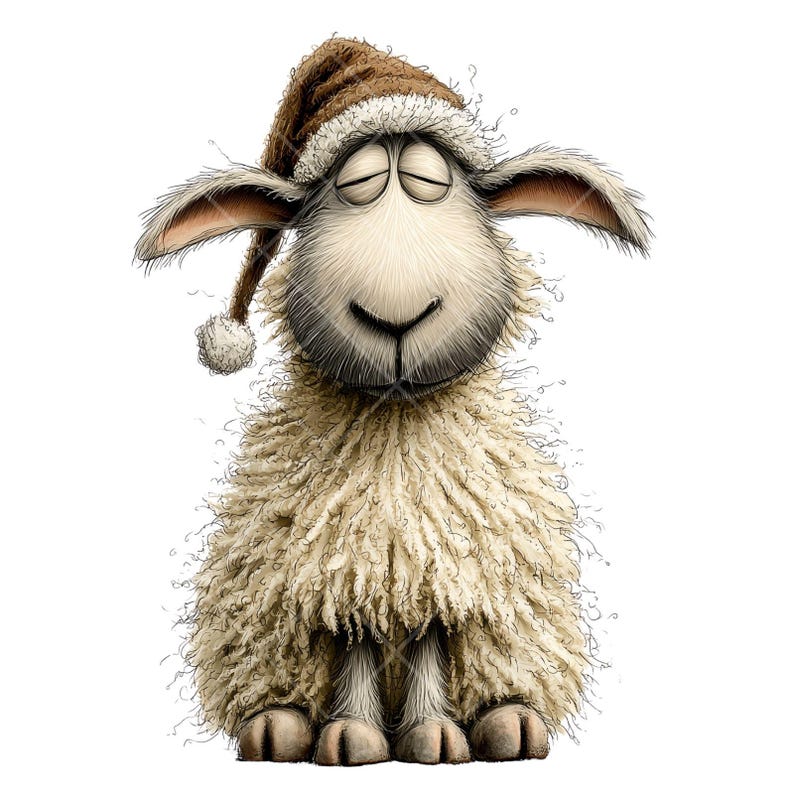 May include: A charming cartoon sheep wearing a brown nightcap with a white bobble. The sheep has closed eyes and a gentle smile, with fluffy, cream-coloured wool. The illustration has a soft, textured appearance, suitable for children's products or nursery decor.