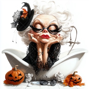 Może przedstawiać: Humorystyczna ilustracja starszej kobiety w wannie, ozdobionej kapeluszem czarownicy i okularami w dużym rozmiarze. Tematyka Halloween, z dyniami i postaciami duchów. Kobieta ma jasnoczerwoną szminkę i nosi czarny koronkowy strój.