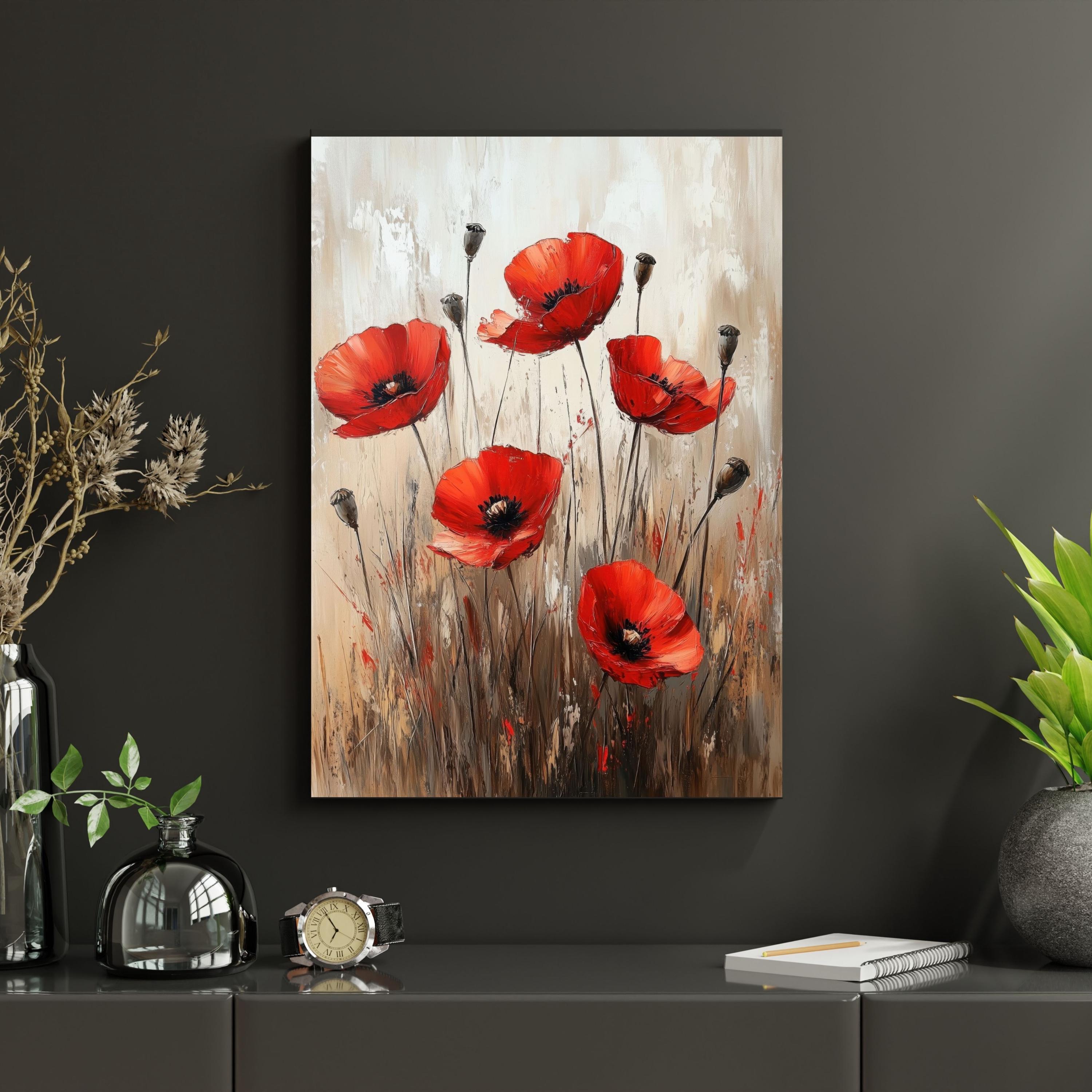 素朴なポピーの油絵：花の壁アート（デジタルダウンロード） - Etsy 日本