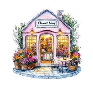 12 clipart PNG: accogliente negozio di fiori, negozio di fiori vintage, arte da giardino in stile cottagecore, illustrazioni digitali di alta qualità per progetti creativi.