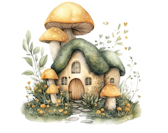 Akwarelowy domek z bajki, clipart: Magiczny zestaw PNG (pobieranie cyfrowe)