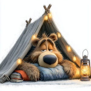 Peut inclure: Un ours de dessin animé se repose à l'intérieur d'une tente grise, niché sur une couverture matelassée bleue et un livre orange. L'ours a un grand nez et des yeux endormis. Une lanterne vintage brille à côté de la tente, et des guirlandes lumineuses sont drapées au-dessus.