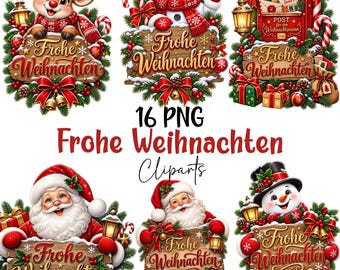 Paquete de imágenes prediseñadas de Frohe Weihnachten, PNG navideño alemán, gráficos navideños festivos, diseños de sublimación de signos de Santa, descarga digital