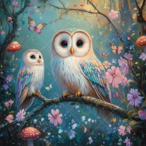 10 cliparts lunatique hibou JPG - scène de forêt de rêve avec hiboux, fleurs et champignons - illustration fantastique de la faune pour les impressions et la décoration