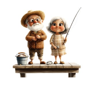 10 PNG süßes älteres Paar Angeln an einem Pier, Aquarell Cartoon Clipart t, Großeltern Liebe, älteres Paar, Outdoor-Szenen, Scrapbooking-Bilder