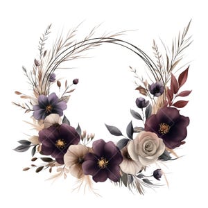 16 cliparts PNG, coroa de flores vintage em marrom e dourado, elementos florais detalhados, flores grandes, elegantes ilustrações botânicas em aquarela